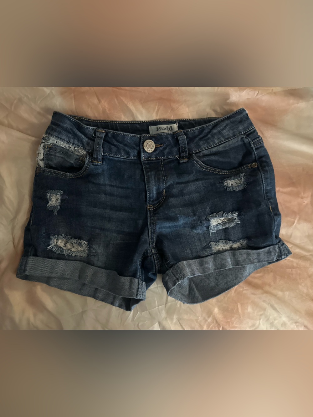 Mudd Jeans | Distressed Dark Blue Rolled-Hem Denim Shorts w/ Lace Pocket Detail